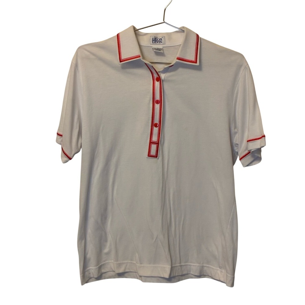 Vintage  Leon Levin Short Sleeve White Polo with Red and Pink Trim